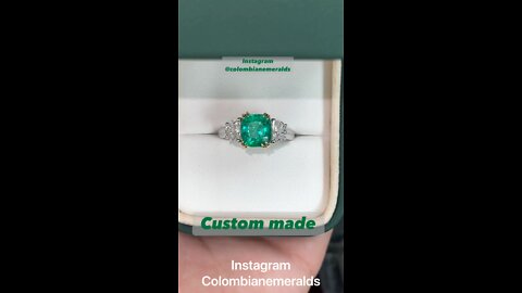 2.93tcw VIVID green cushion Colombian emerald & VS half moon diamond three stone engagement ring 18K