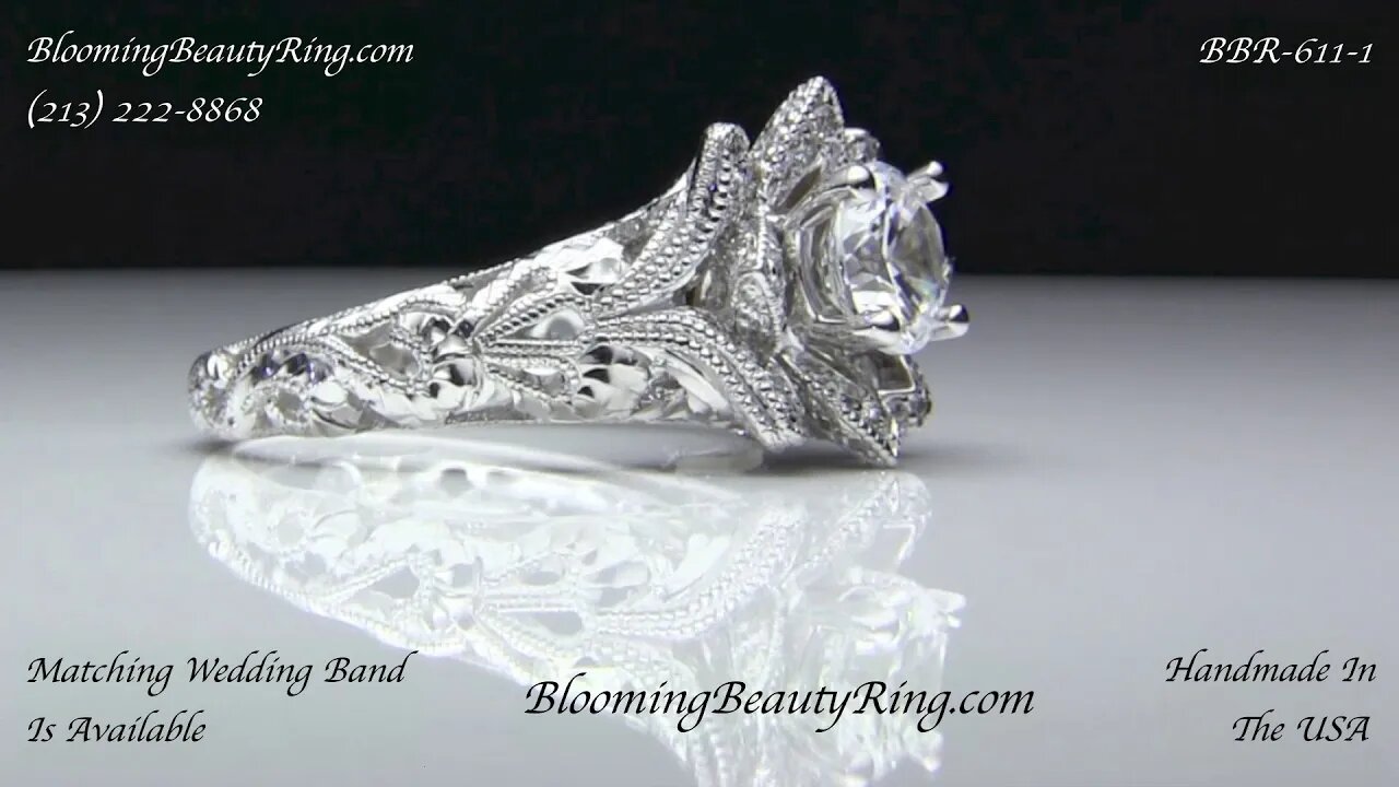 BBR611-1 Diamond Embossed Blooming Rose Engagement Ring with Etched Carvings BloomingBeautyRing.com