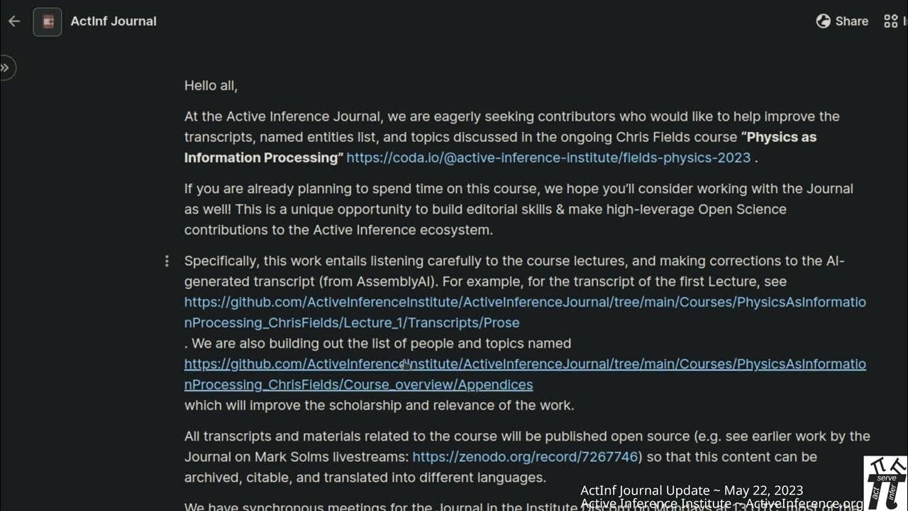 5/22/2023 Update ~ "Physics as Information Processing" at Active Inference Journal
