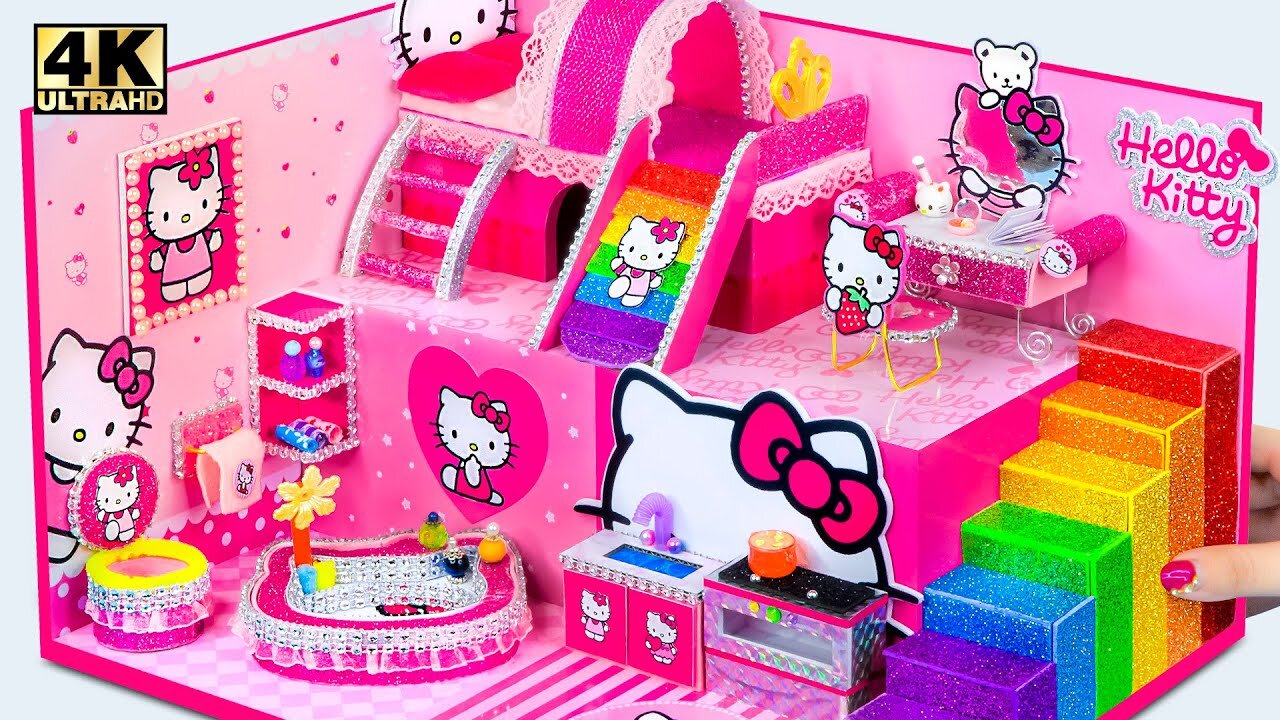 How To Make Hello Kitty House With Rainbow Slide Pool From Cardboard ❤️House #5minutecrafts