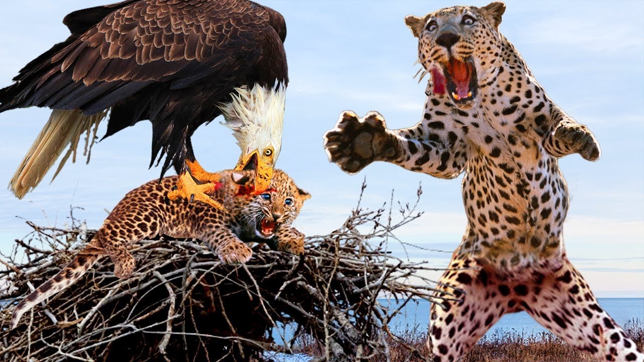 Mother's Pain! Helpless Leopard Watches Her Poor Cub Being Destroyed By Evil Eagle But Doing Nothing