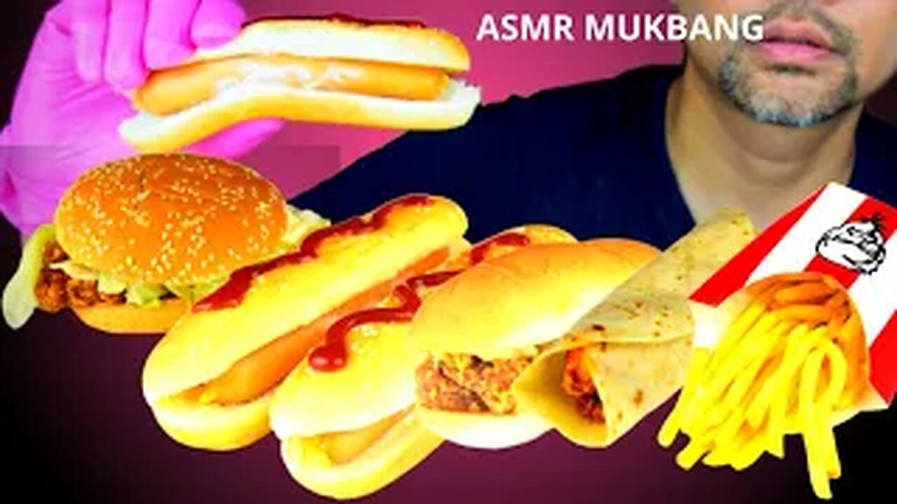 ASMR MUKBANG ,Sausage,Crispy Fried Chicken Burger,French fries,Hot dog,Pepsi,Asmr eating