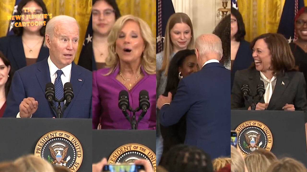 Biden Clown Show: "Including Black & Latina, brown & Asian American, Native Americans, H-Pacific Islanders, LGBTQ survivors... I wrote the violence (gibberish) with my own paw... not a joke." Kamala cackles.