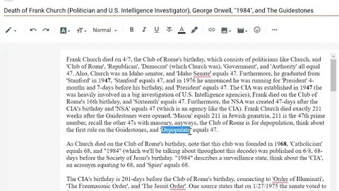 Frank CHURCH, the CIA, George Orwell's "1984", and the Guidestones #gematria #truth #numerology