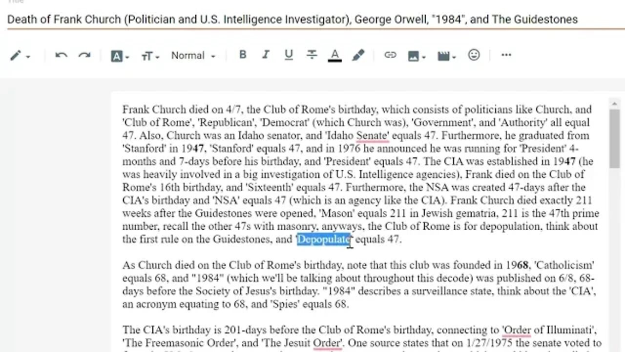 Frank CHURCH, the CIA, George Orwell's "1984", and the Guidestones #gematria #truth #numerology