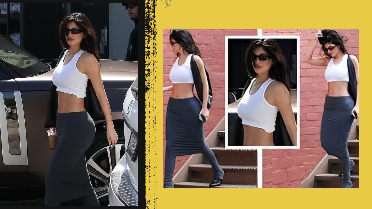 Kylie Jenner bares her toned abs in a cropped tank top and skirt.