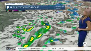 Strong winds today, then showers and cooler air Wednesday