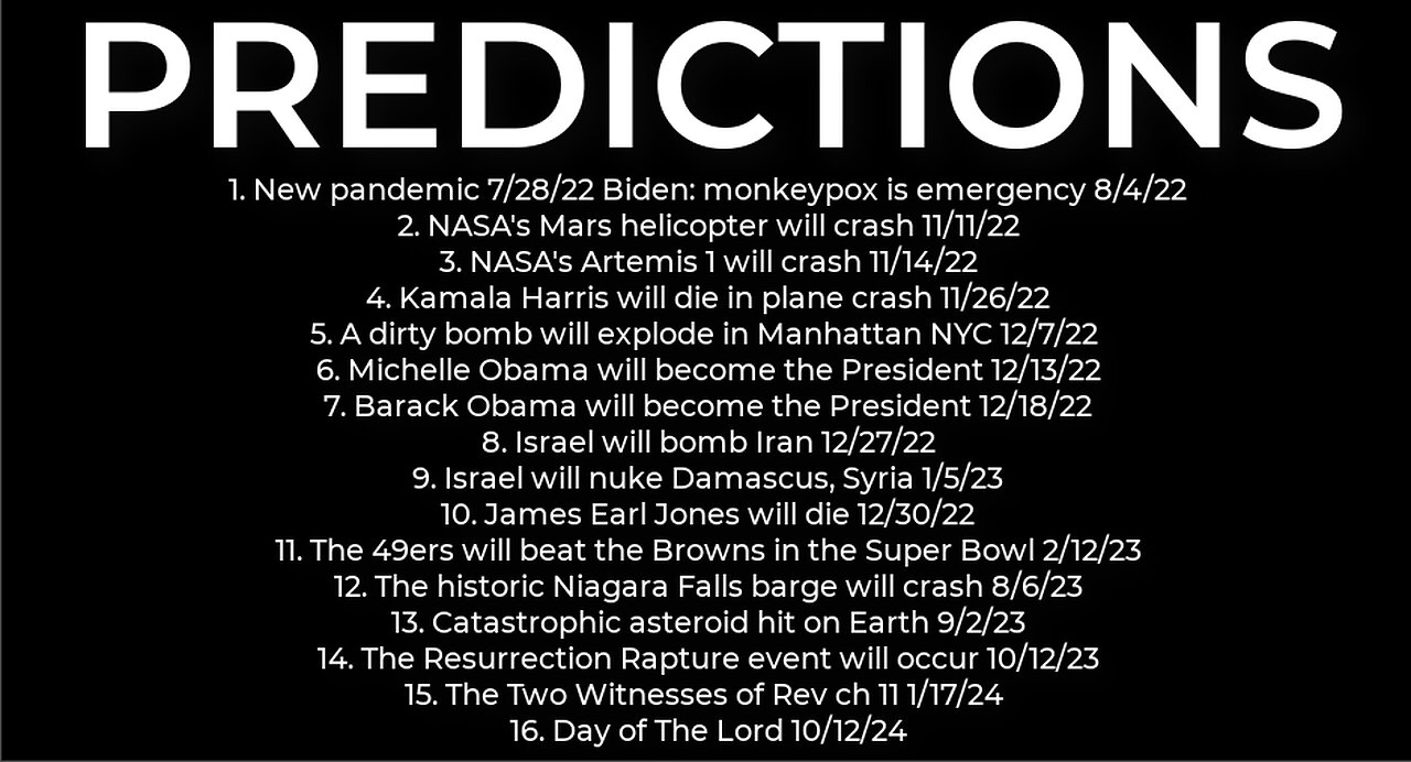 PREDICTIONS - Harris' plane crash 11/26; dirty bomb NYC 12/7; Obama President 12/18