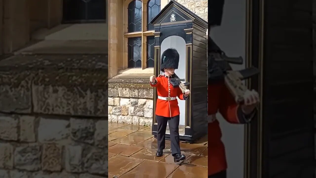 The Queen's Guard steps out of shelter #toweroflondon