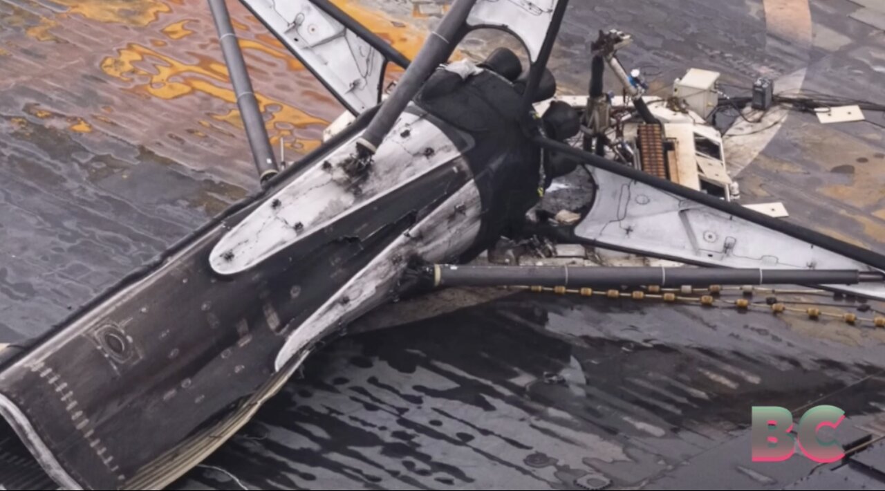 A SpaceX rocket booster was ruined after toppling over in rough waters