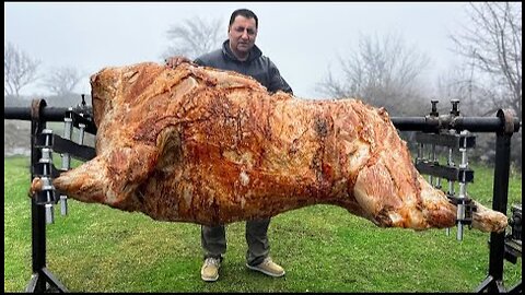 Roasting a Huge Bull on a Steel Spit! The Best Meat I've Tasted