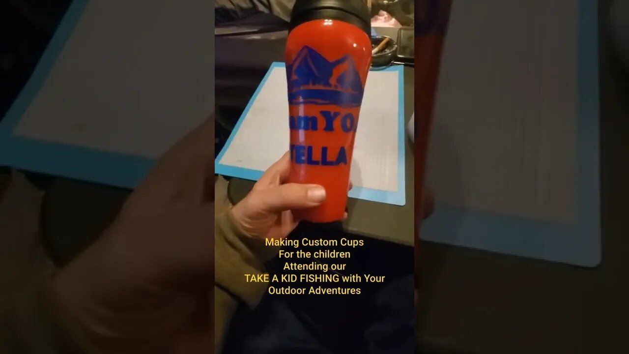 Making the kids cups. 50 children will be receiving custom cups at our Take a Kid Fishing event.