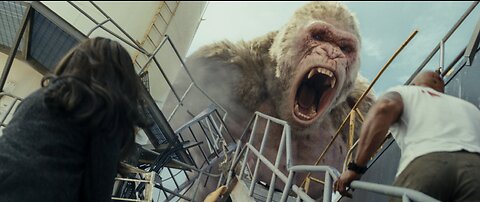 A big white gorilla, monster wolf and giant crocodile destroy a building ( rampage movie scene )