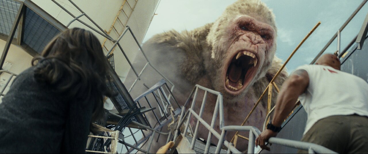 A big white gorilla, monster wolf and giant crocodile destroy a building ( rampage movie scene )