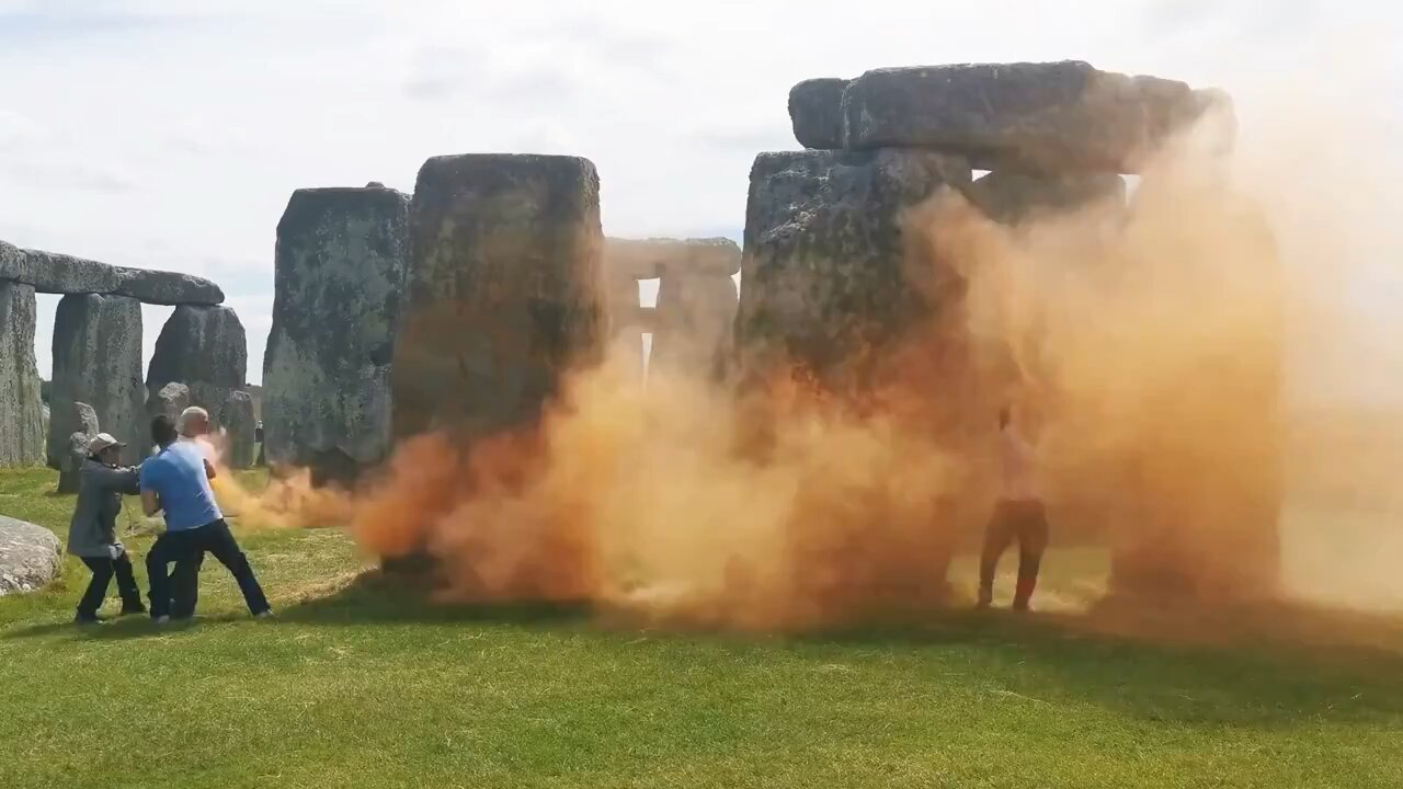 Just Stop Oil climate activists spray Stonehenge with orange paint