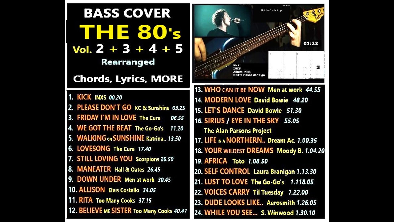 Bass cover THE 80's Vol. 2 __ Chords, Lyrics, MORE