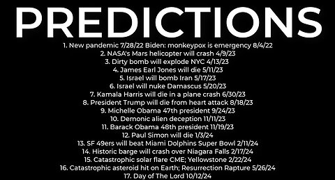 PREDICTIONS: Bomb NYC 4/13; Harris plane crash 6/30; Israel nuke Syria 5/20