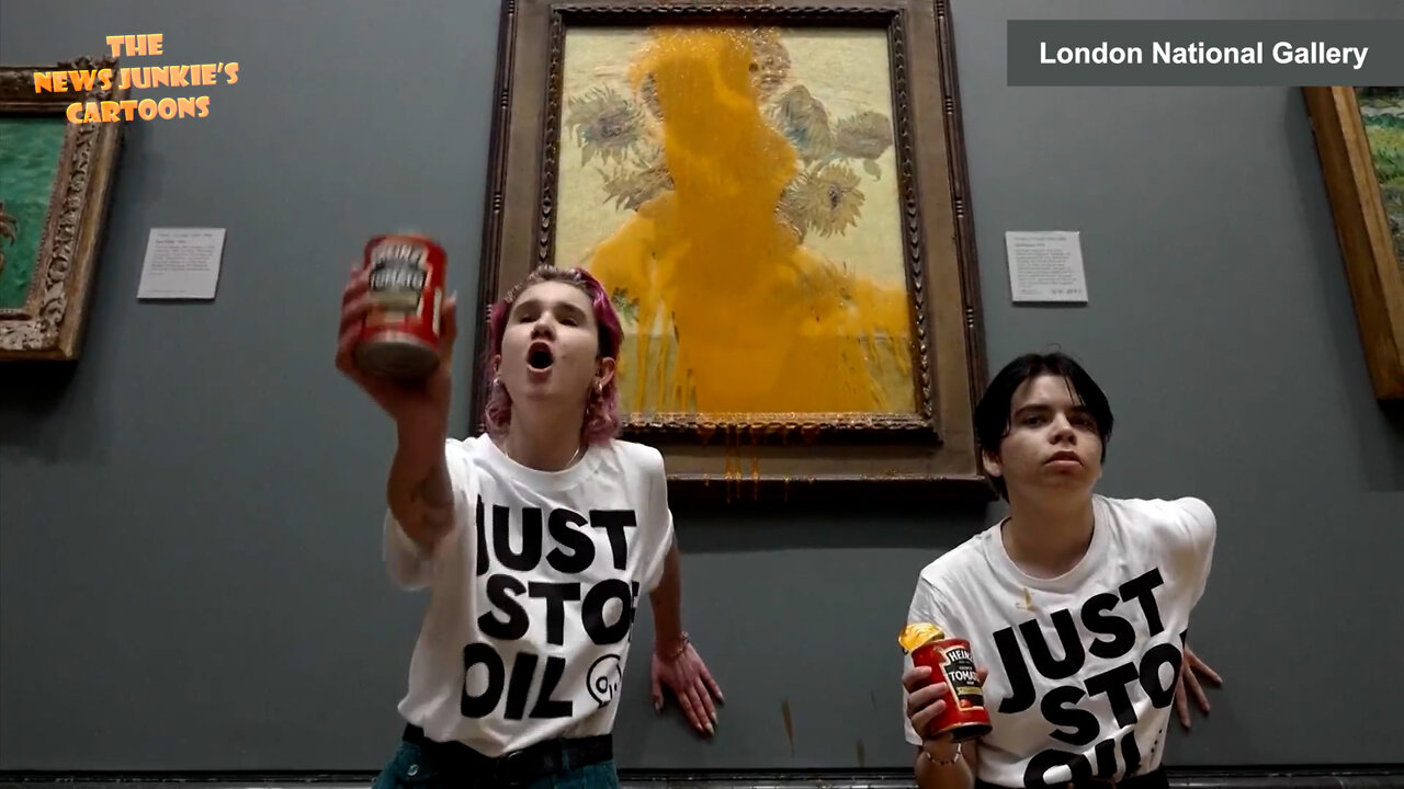 Climate nuts have been arrested after throwing soup on a Van Gogh painting in London.