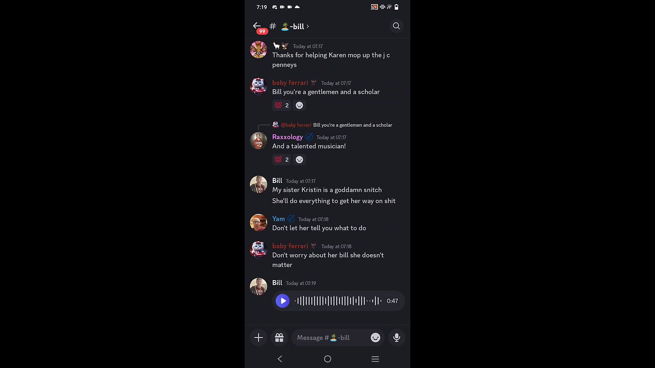 billy has a message for he's sister