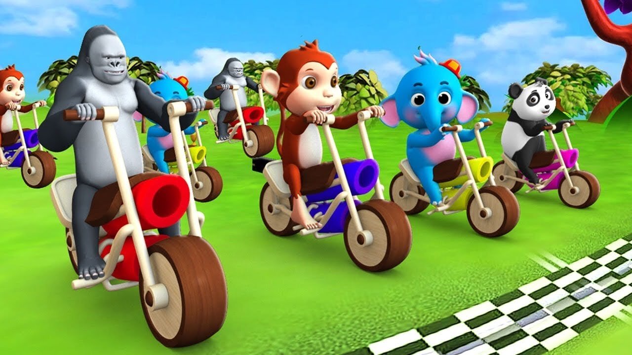 Elephant and Monkey Play Wooden Bike Race Game in Forest | Funny Animals Comedy Videos 3D Cartoons