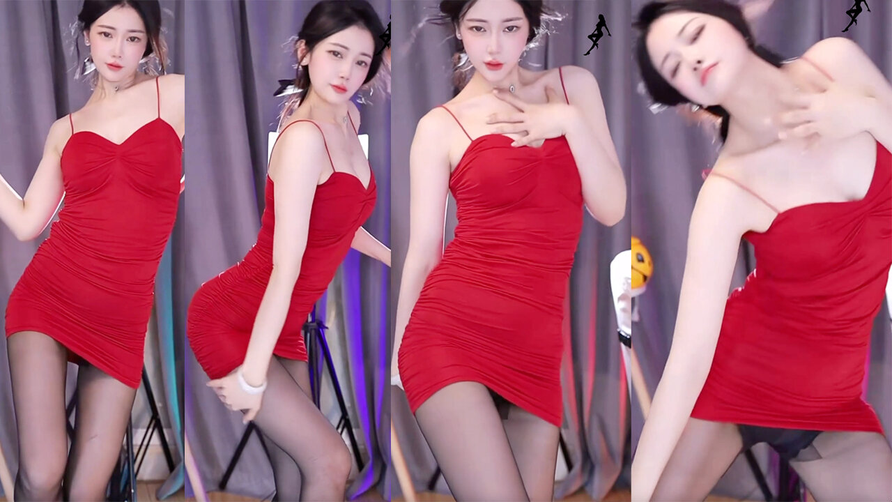 Dance streamer in red strap dress and black pantyhose, striking daring poses with flirtatious expressions—provocative