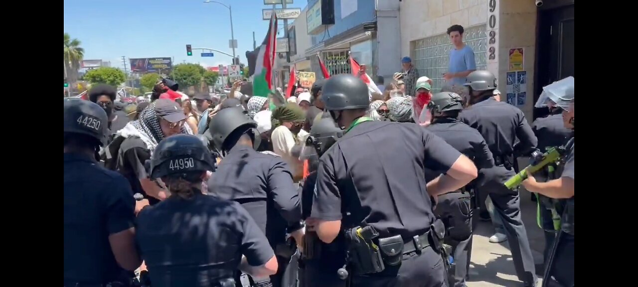 Chaos Erupts as Jews and Pro-Palestinians fight outside a Synagogue in LA...