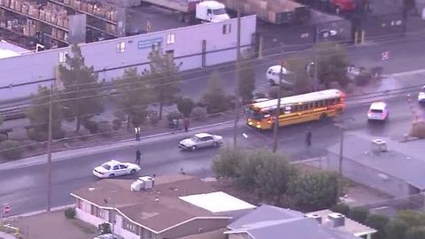 School bus at scene of a crash near Commerce, Carey