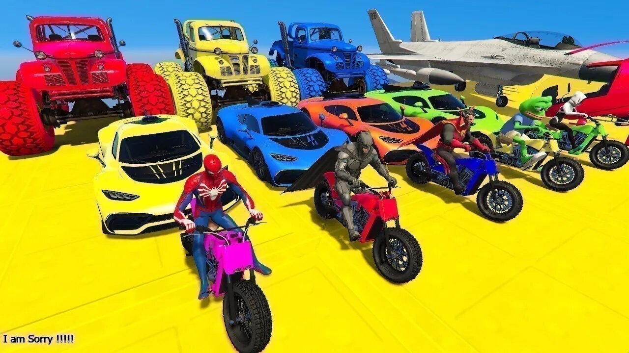 GTA V Mega Ramp On Bikes, Fighter Jets & Boats By Monster Trucks , Cars Spider man Racing Challenge