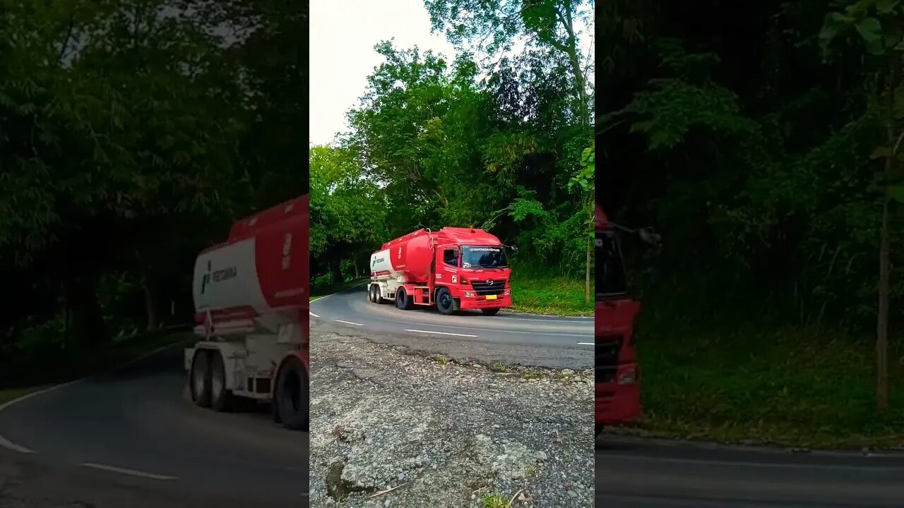 truk tangki menanjak di tikungan tajam