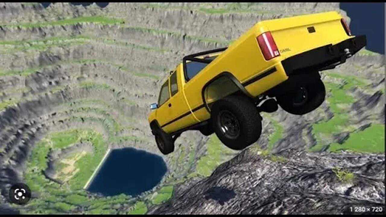 epic fall of a pickup truck from a cliff and an endless fall at the end