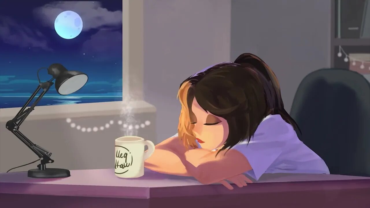 Cool rhythms with an animated scene, a full moon and a thoughtful girl with a cup of tea.@LofiGirl