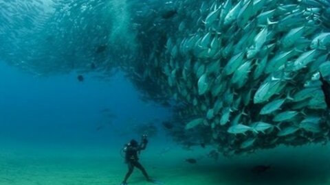 TUNA TORNADO - Huge Swarm Around Scuba Driver!