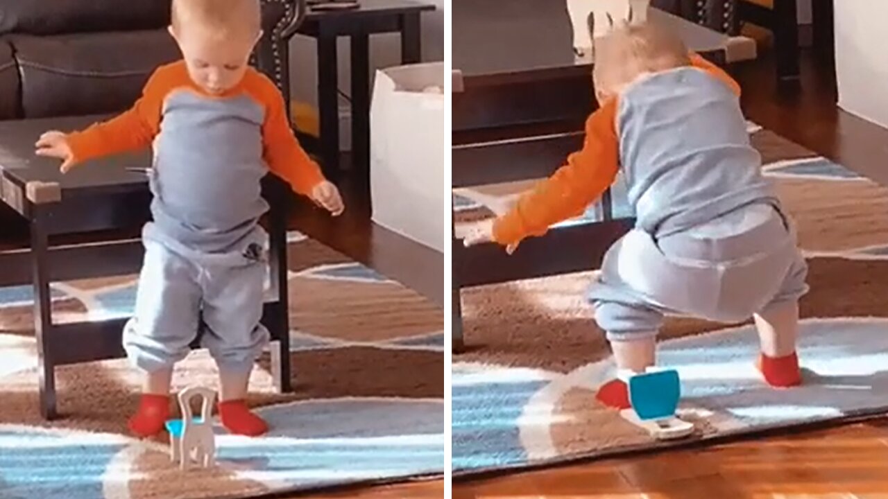 Baby Hilariously Tries To Sit In Tiny Toy Chair