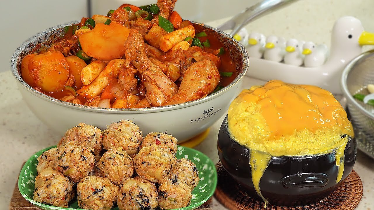 Cooking :) Spicy Braised Chicken, Kimchi Tuna Rice Balls, Cheese Bomb Steamed Eggs.