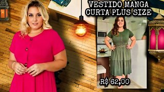 ✔️ VESTIDO MANGA CURTA PLUS SIZE LISO DE BOTÕES E MALHA VISCOLYCRA