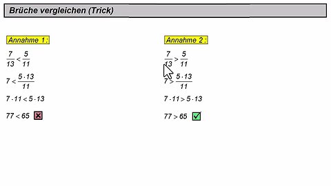 Vergleich von Brüchen durch Trick (Brüche brauchen nicht gleichnamig gemacht werden)