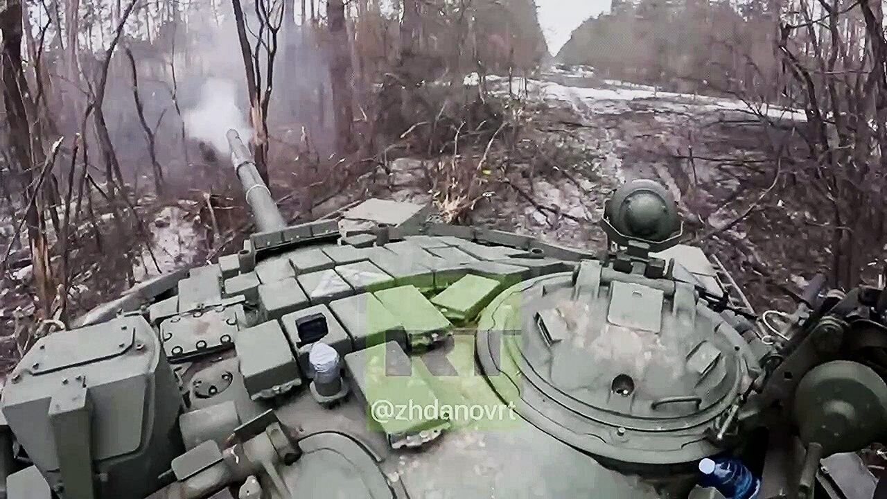 T-72B3M Of Ural Assault Group In Kremennaya Work On AFU Positions With Drone Guided Precision