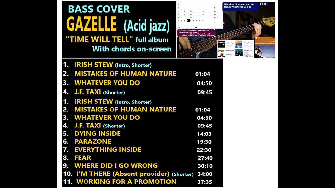 Bass cover (Acid jazz) GAZELLE: "TIME WILL TELL" album _ On-screen Chords