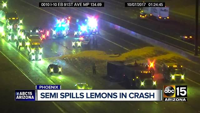 Semi-truck crash on I-10 spilling lemons