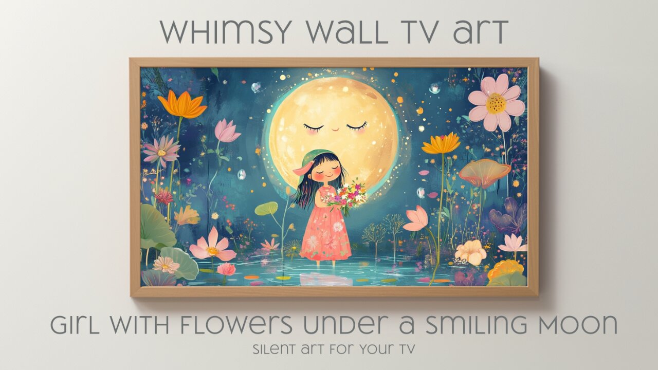 Whimsical Girl With Flowers Under a Smiling Moon: Silent Art For Your TV, Frame TV and CanvasTV Art