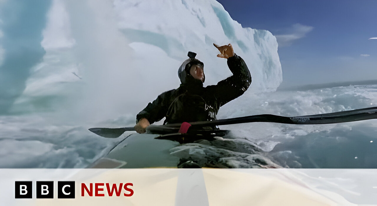 Kayaker's breathtaking 20m drop down ice waterfall in Norway | BBC News