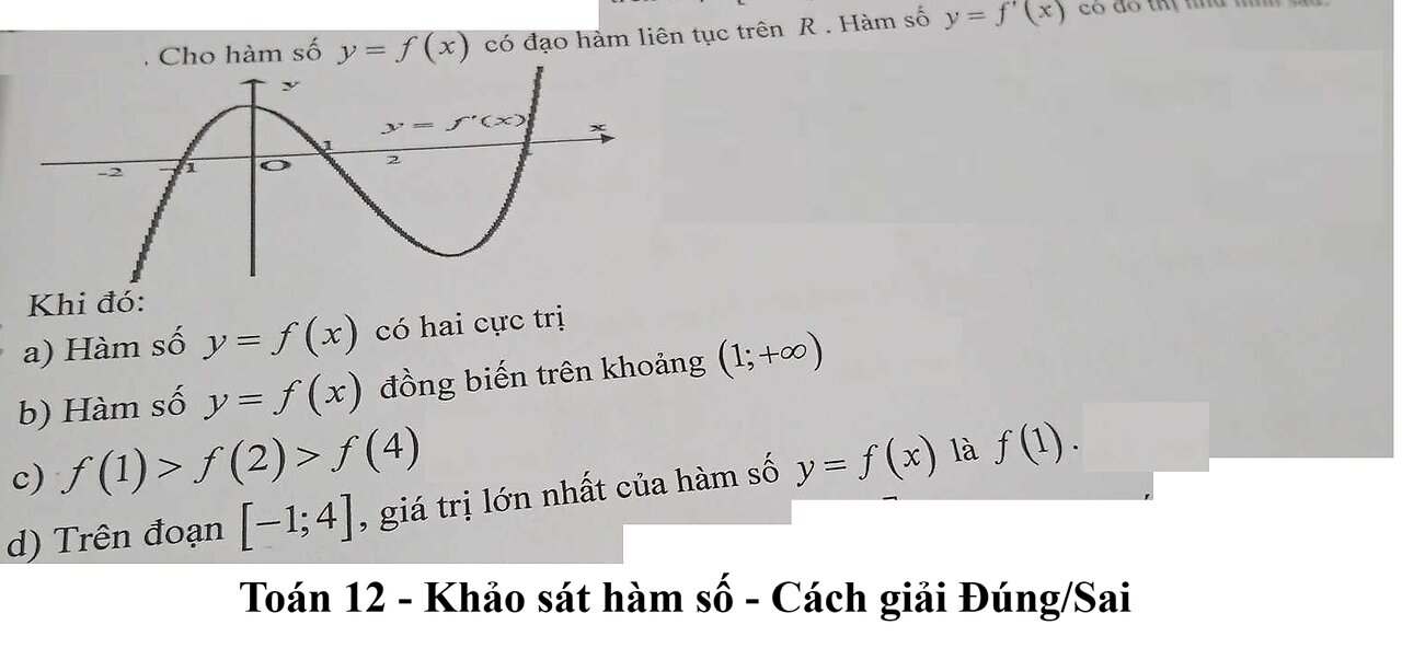 Toán 12: Cho hàm số y=f(x) có đạo hàm liên tục trên R. Hàm số f'(x): Nhận định đúng/sai