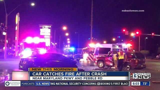 Car catches fire after multi-car crash