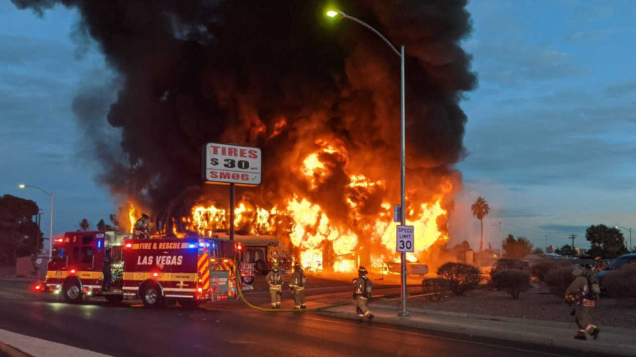 Las Vegas firefighters battle 2-alarm fire at tire shop near Meadows Mall