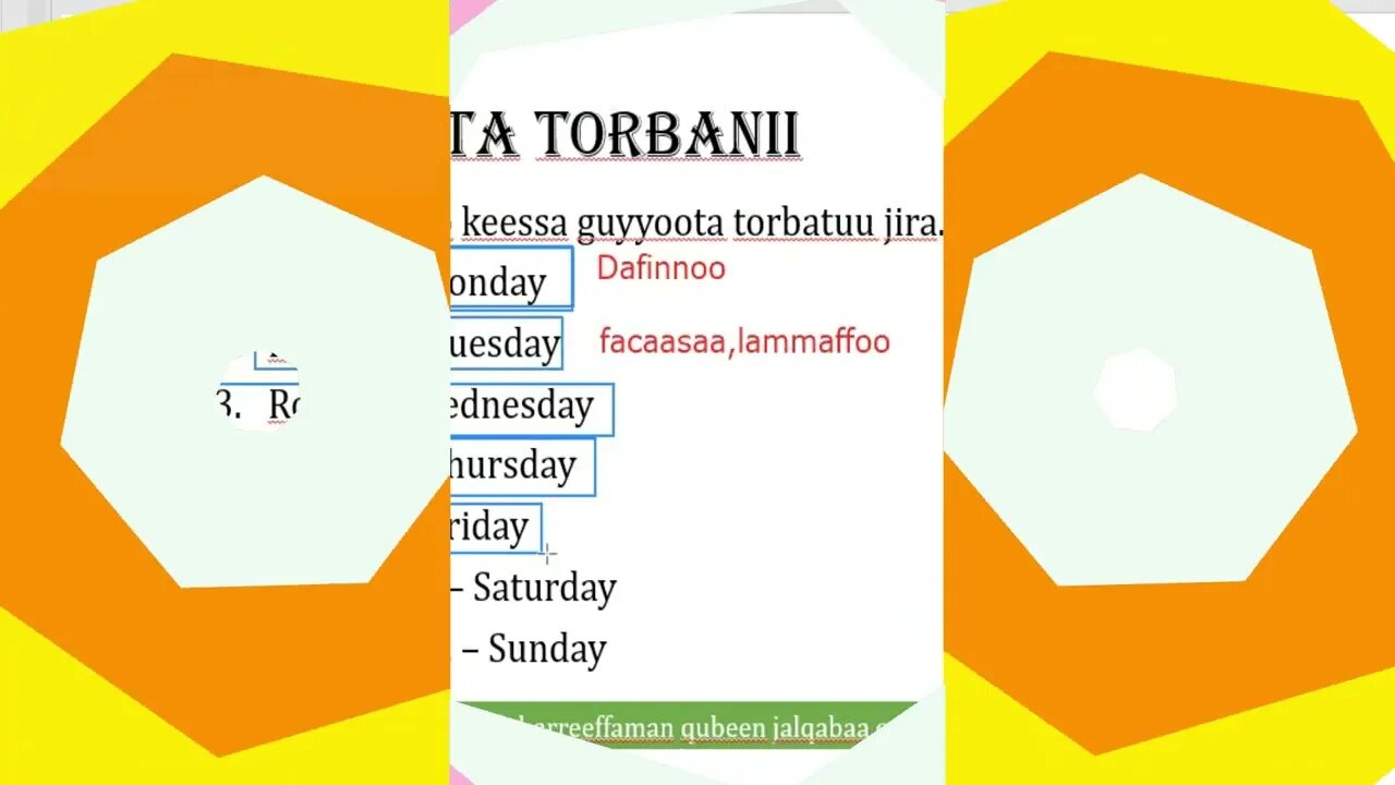 Guyyoota Toorbanni Days of the Week.የሳምንቱ ቀናት