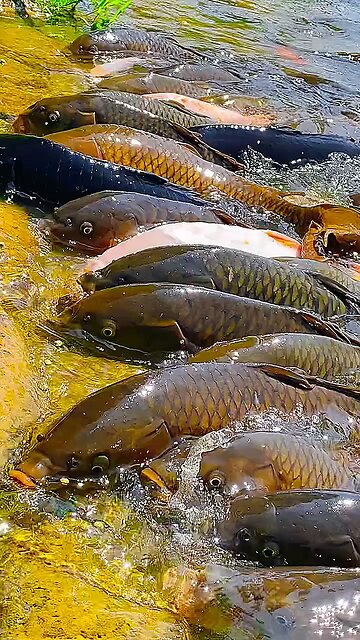 Many fishes are feeding together