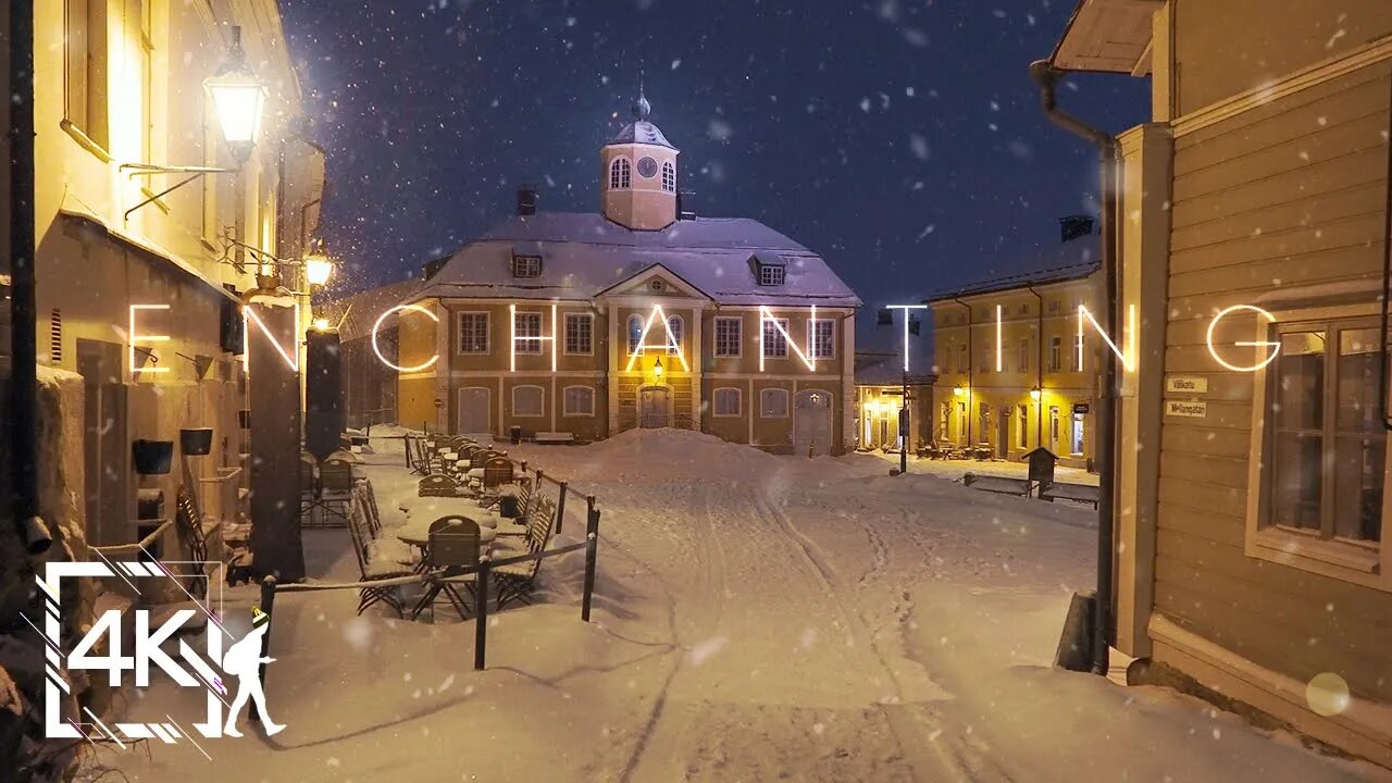 Enchanting Night Walk with Soft Snowfall, Old Town Porvoo, Finland 4K