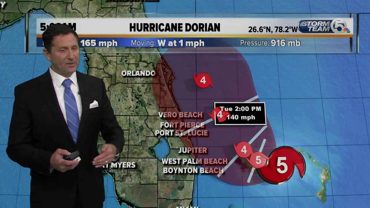 Category 5 Dorian packing 165 mph winds, Hurricane Warning for Jupiter Inlet to Brevard/Volusia