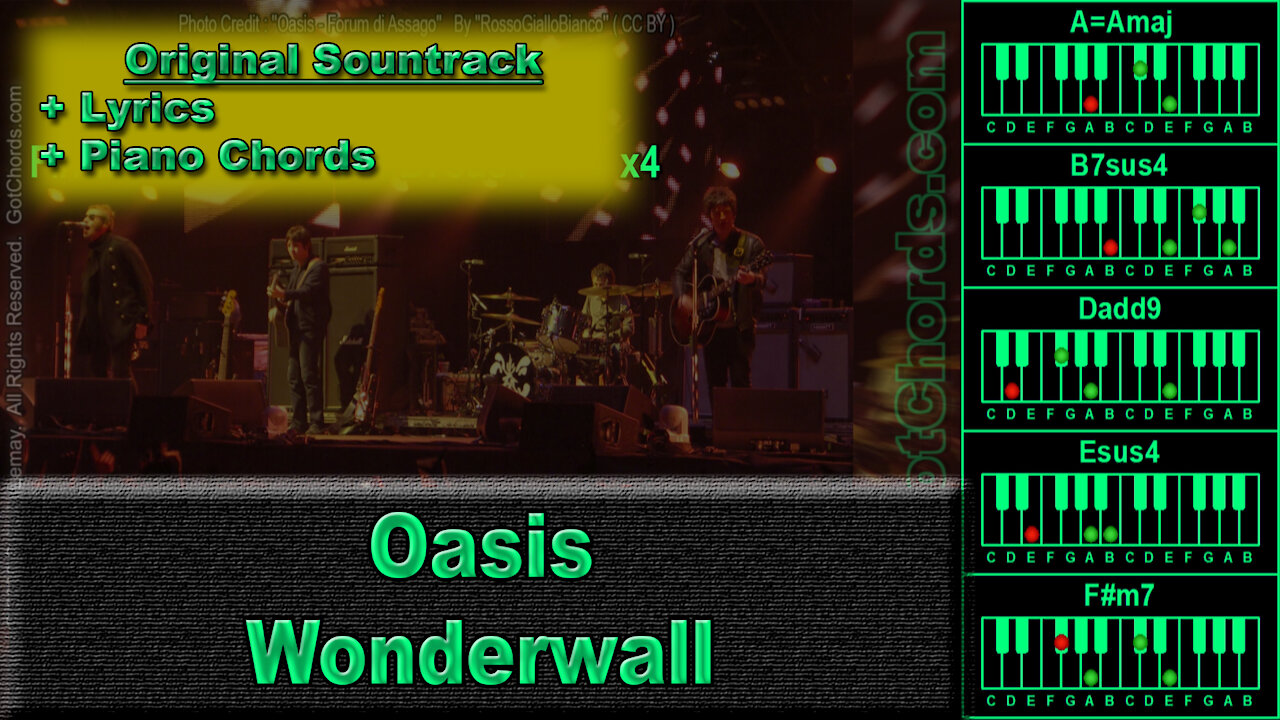 Oasis - Wonderwall - Original Song - Lyrics + Piano Chords (0004-A040)