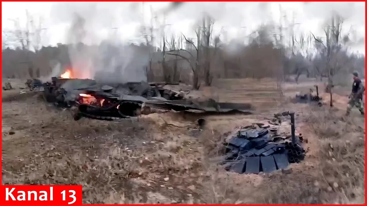 Footage of a burning Russian T-72 tank after a drone strike - "It fell to pieces"